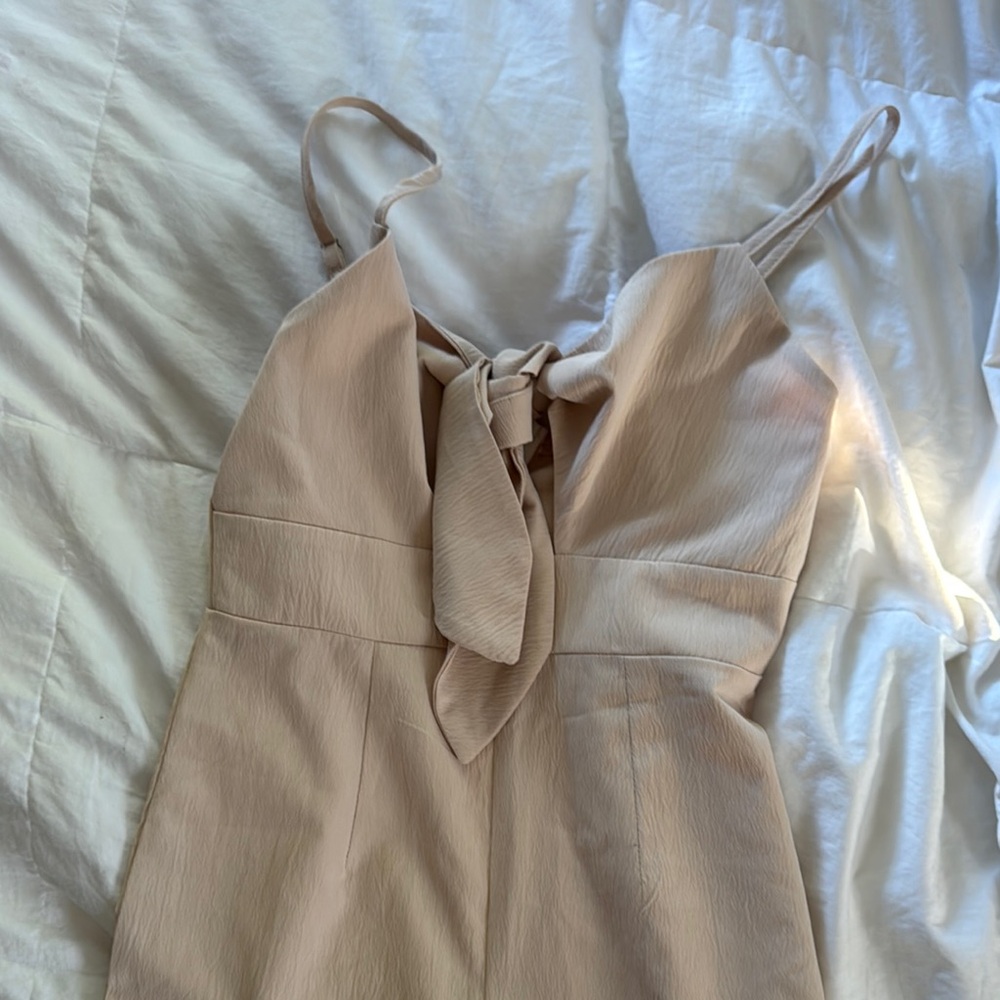 Beige Sleeveless Dress with Bow Detail